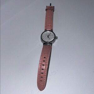 Louis Vuitton Tambour Pink Leather Strap Crome Logo Hardware Watch
